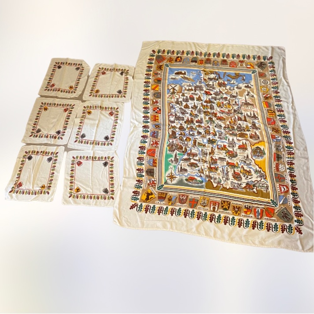 Vintage 1960s-1970s German tablecloth and placemat set of 7 pieces 52x42 inches